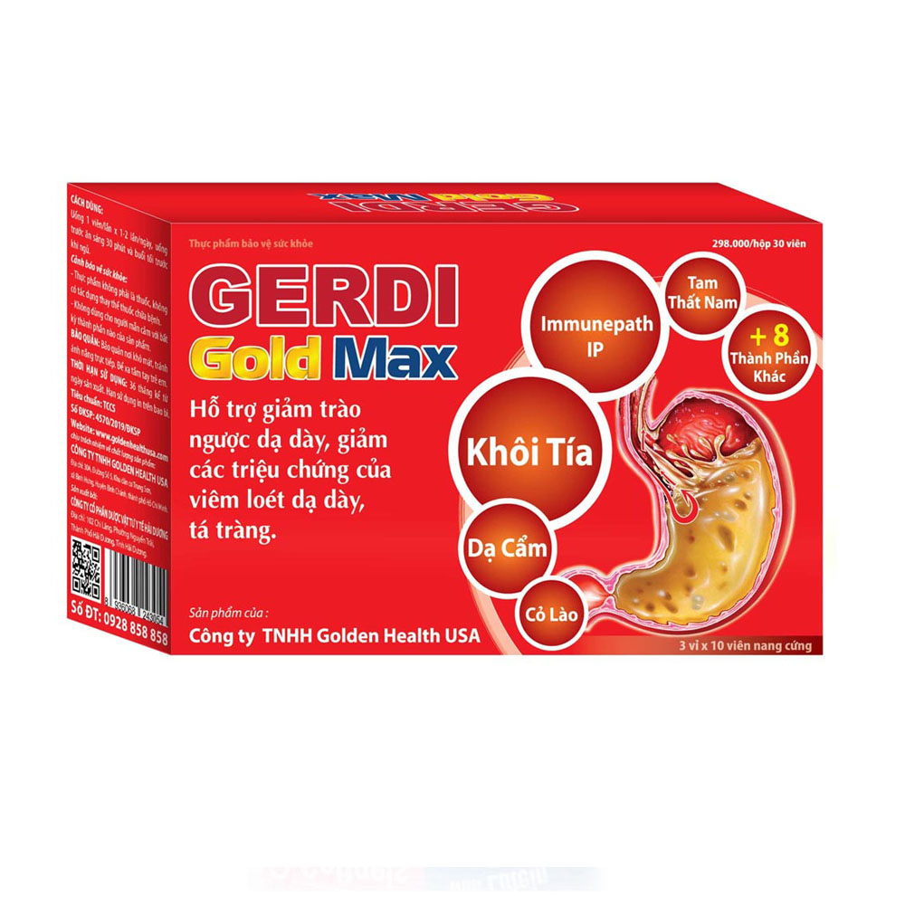 Viên Uống GERDI GOLD MAX Hỗ Trợ Giảm Trào Ngược, Viêm Loét Dạ Dày, Tá Tràng (Hộp 30 Viên)